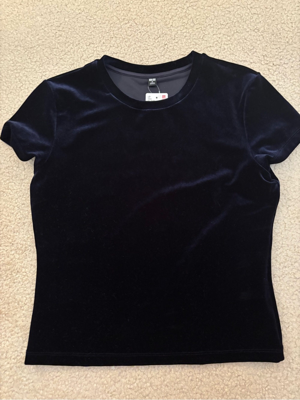 Uniqlo Navy Velvet Short-Sleeve Crewneck Top